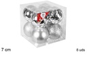 Pack 8 bolas plata brillo/mate/purpurina 7 cm