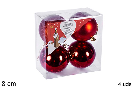 [106843] Pack 4 boules rouges brillantes/mates 8 cm
