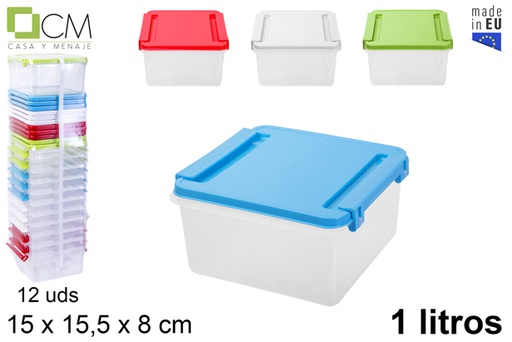[106234] Fiambrera plástico cuadrada con cierre tapa colores surtidos 1 l.