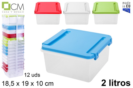 [106236] Fiambrera plástico cuadrada con cierre tapa colores surtidos 2 l.