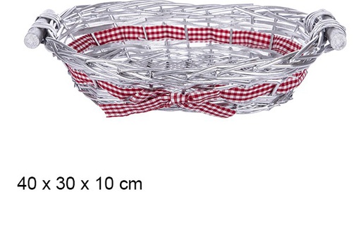 [107487] Caixa de pão oval prateada com laço 40x30 cm