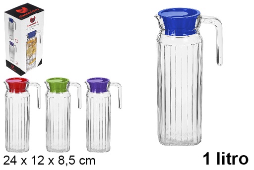 [105977] Pichet à eau en verre avec couvercle couleurs assorties 1 l.