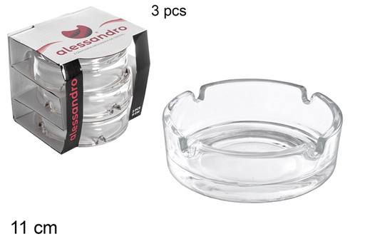 [104229] Pack 3 round glass ashtrays 11 cm