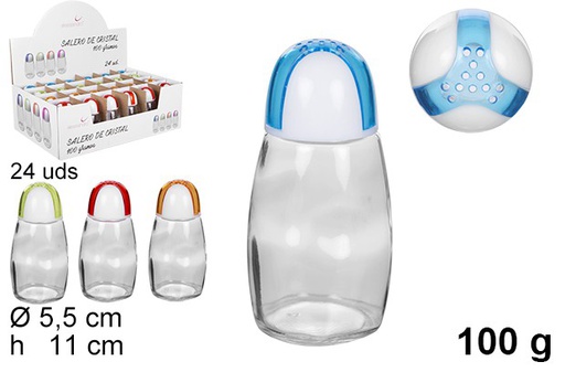 [105445] Glass salt shaker with assorted colors cap 100 grams