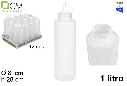 [102787] Bottiglia per salsa plastica trasparente bocca larga con coperchio 1 l.