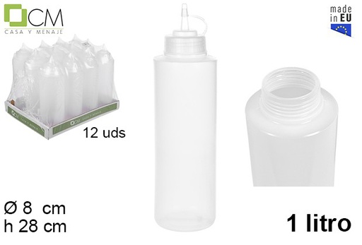 [102787] Bouteille de sauce plastique transparent large ouverture avec couvercle 1 l.
