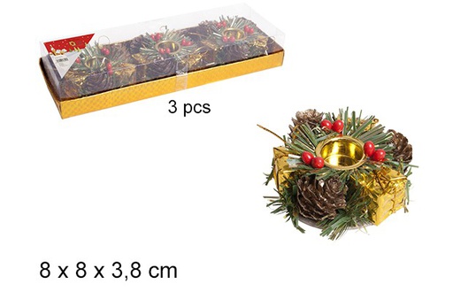 [107569] Pack 3 bougeoirs de Noël dorés 8x3,8 cm