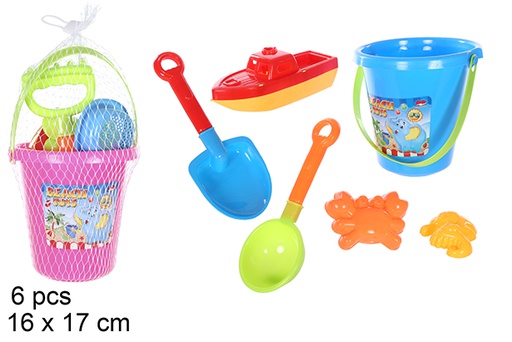 [108593] Colorful beach bucket with 6 accessories 16x17 cm