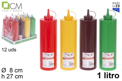 [102772] Bottiglia di salsa di plastica con coperchio colori assortiti 1 l.