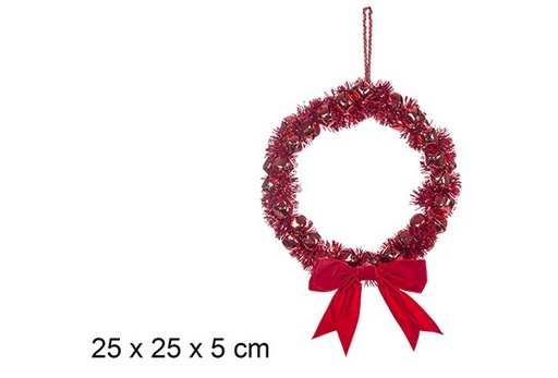 [108063] Couronne de grelots avec guirlande rouge et nœud de Noël rouge 25 cm