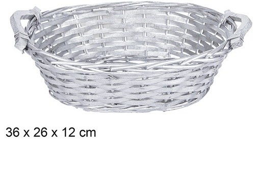 [108825] Silver oval wicker basket with handles 36x26 cm 