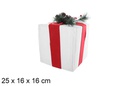 Paquet cadeau en polystyrène blanc avec noeud rouge et branche verte 25x16 cm
