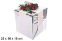 Pacote de presente em poliestireno prateado brilhante com laço branco e galho verde 25 cm