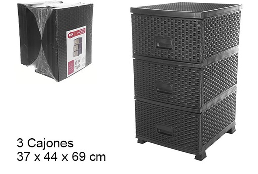 [109210] Black rattan chest of drawers 3 drawers