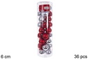 Pack 36 bolas roja/plata surtidas brillo/mate  cilindro 6 cm