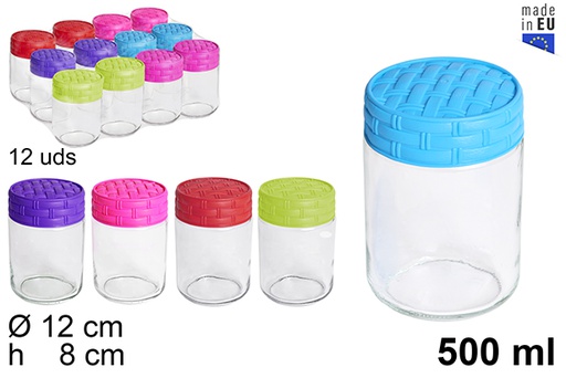 [108024] Glass jar with rattan lid assorted colors 500 ml 