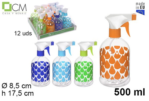 [109245] Bottiglia in plastica decorata con gocce con spruzzatore 500 ml