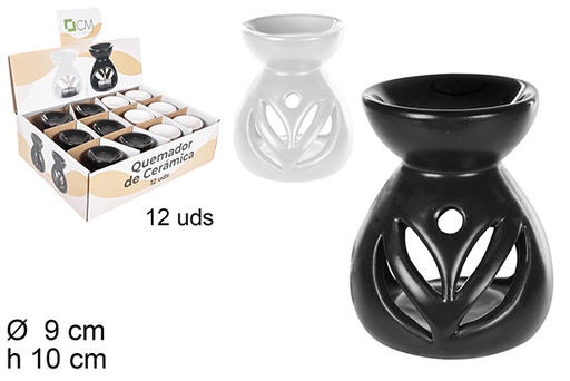 [108673] Queimador cerâmico redondo branco/preto flores decoradas 10 cm
