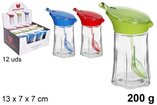 [109017] Glass sugar bowl with spoon assorted colors 200 grams