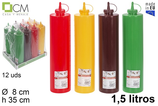 [102776] Bottiglia di salsa di plastica con coperchio colori assortiti 1,5 l.