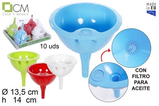 [110240] Plastic funnel with filter assorted colors 12 cm