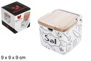 Saliera in ceramica con coperchio in legno decorato
