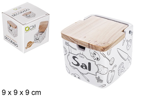 [108746] Ceramic salt shaker with wooden lid sun decorated