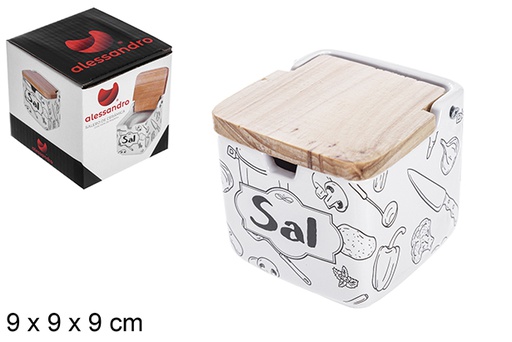 [108746] Ceramic salt shaker with wooden lid sun decorated