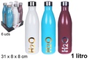 Botella agua cristal colores surtidos decorada H2O 1 l.
