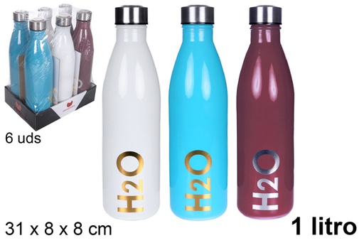 [109282] Bouteille d'eau en verre couleurs assorties décorées H2O 1 l.