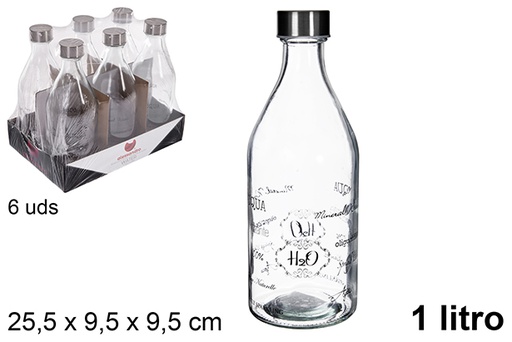 [109170] Bouteille d'eau en verre décorée avec couvercle en acier 1 litre