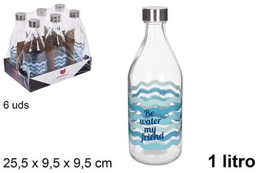 [109171] Bouteille d'eau en verre décorée de vagues couvercle en acier 1 l.