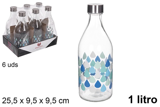 [109172] Bouteille d'eau en verre décorée de gouttes avec couvercle en acier 1 l.