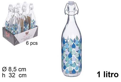 [109183] Decorated glass water bottle with mechanical stopper 1 l.