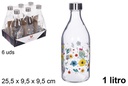 Botella cristal agua decorada flores tapa acero 1 l.