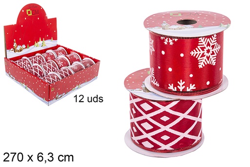 [111201] Ruban de Noël décoré de flocons de neige/rayures rouge assorti 270x6,3 cm