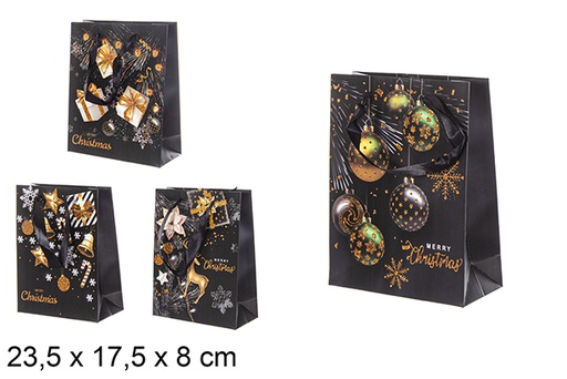 [111215] Busta regalo nera decorazioni natalizie assortite 23,5x17,5 cm