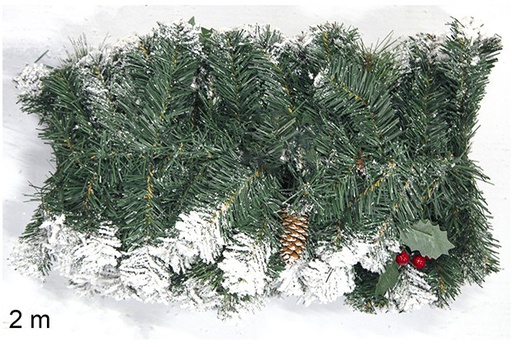 [111348] Guirnalda PVC verde decorada con bayas y piñas nevadas 2 m.