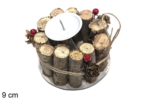 [111362] Metal candle holder decorated with wooden trunks and red berries 9 cm