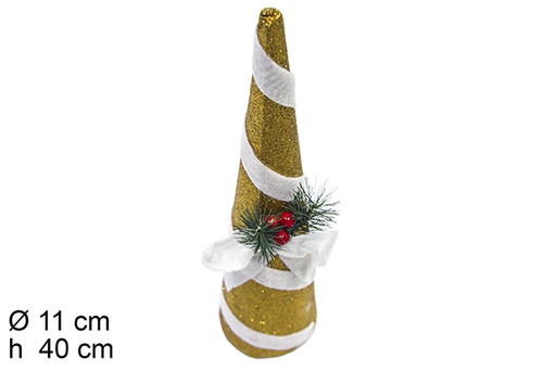 [111365] Árbol cónico oro decorado con lazo blanco purpurina 40 cm