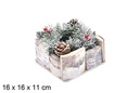 Portacandele quadrato decorato con pigne e bacche 16x11 cm