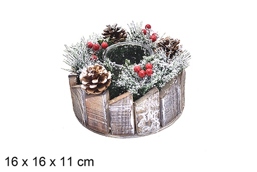 [205553] Round candle holder decorated with pine cones and red berries 16x11 cm