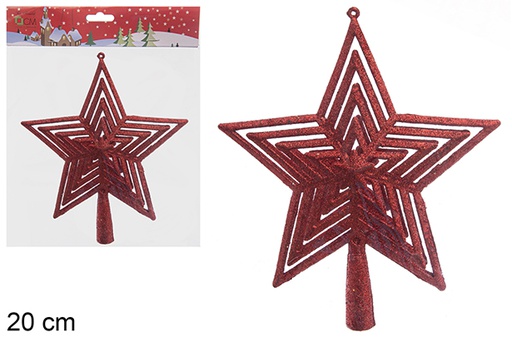 [205572] Ponta de árvore estrela perfurada com glitter vermelho 20 cm