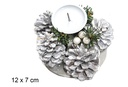 Portavelas metal decorado piñas y bayas blancas 12x7 cm