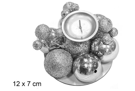 [111418] Bougeoir en métal avec boules et baies argentées 12x7 cm