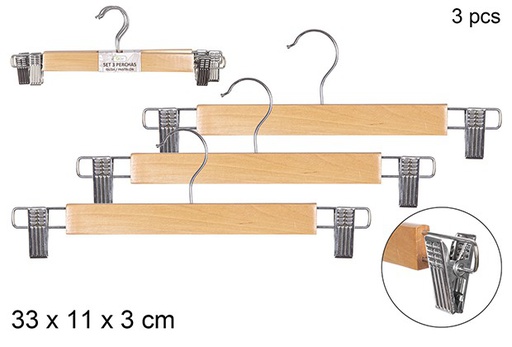 [110847] Pack 3 natural wood skirt/trouser hangers with clips