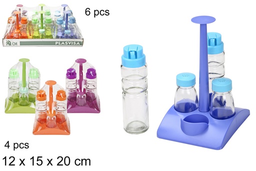 [111495] Pack 4 aceiteras con saleros de cristal en base cuadrada colores surtidos