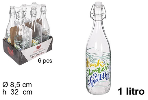 [111536] Decorated glass water bottle with mechanical stopper 1 l.