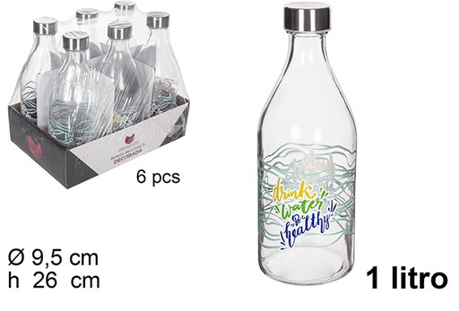 [111543] Bouteille d'eau verre décorée avec couvercle acier pour boire de l'eau 1 l.