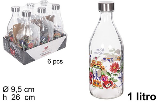 [111544] Botella cristal agua decorada Primavera tapa acero 1 l.